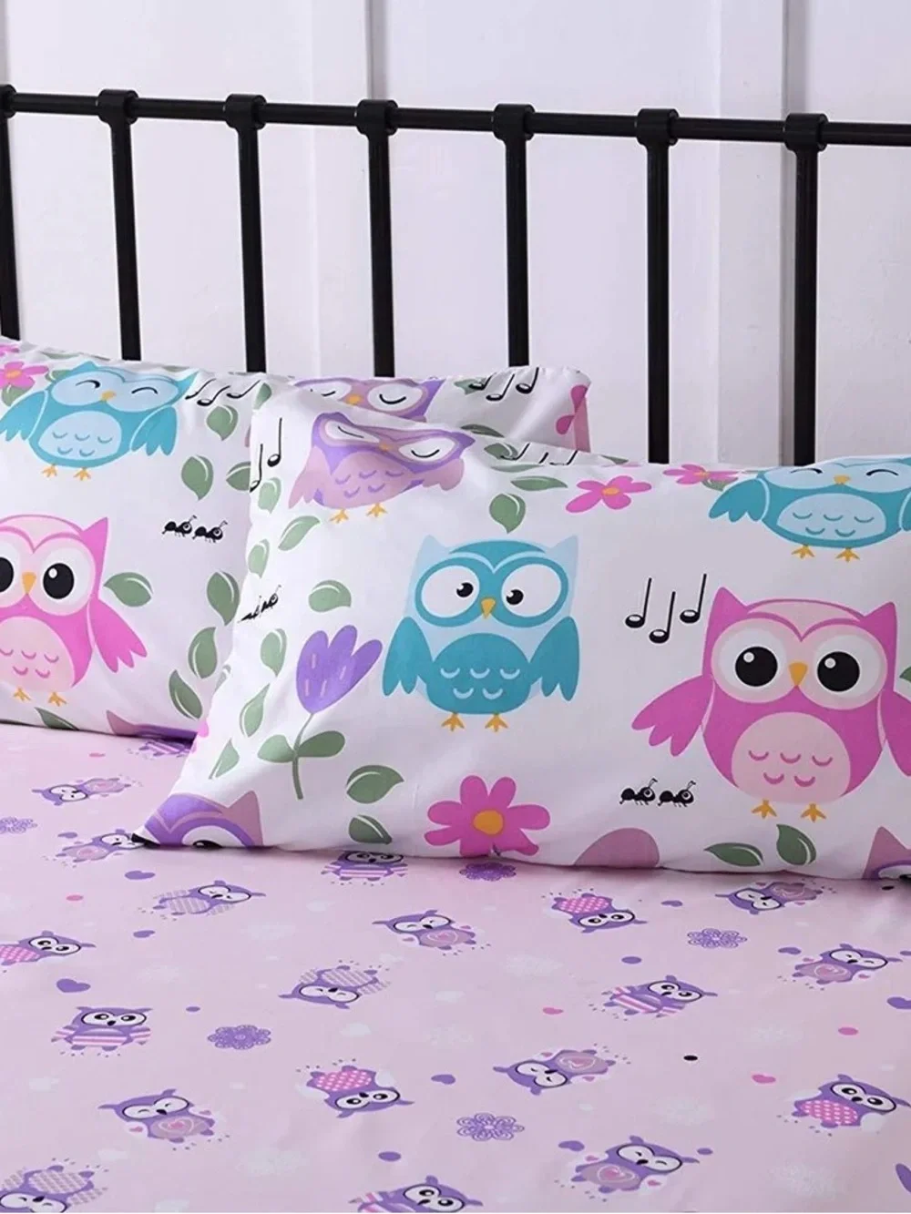 Owl Print Kids Bedding Set - Pink, Purple & Blue